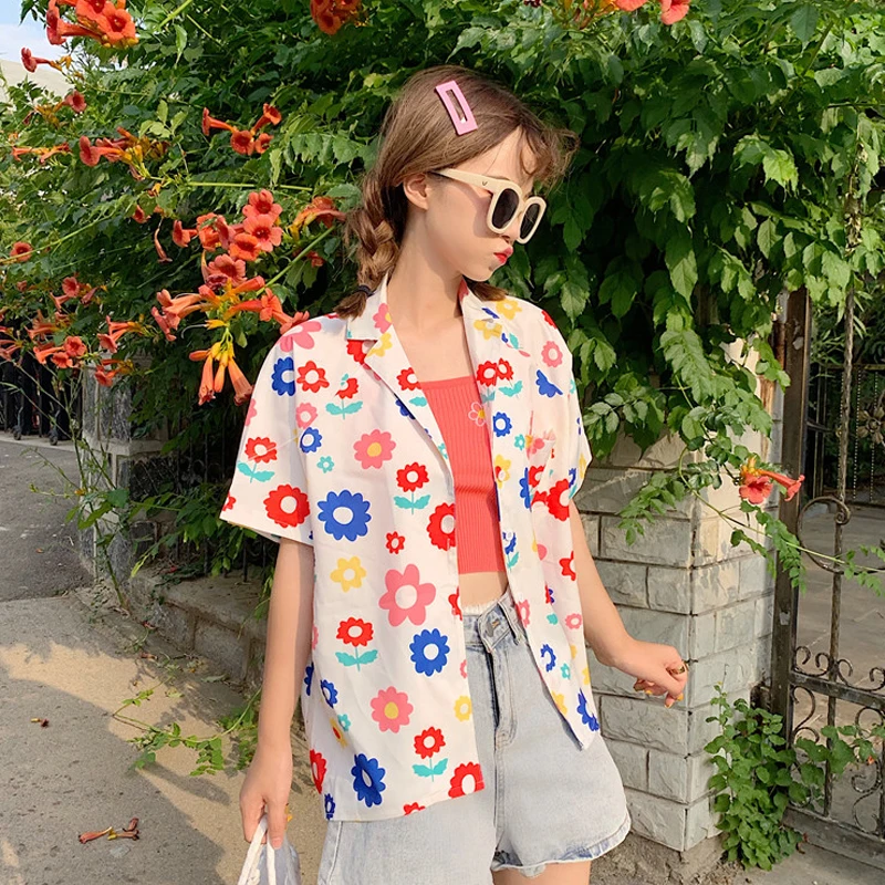 Ins Многоцветный цветочный принт Корейская Свободная Женская одежда с прорезями и