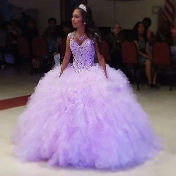 Сиреневое платье Quinceanera для девочек блестящее с бусинами пышное оборками