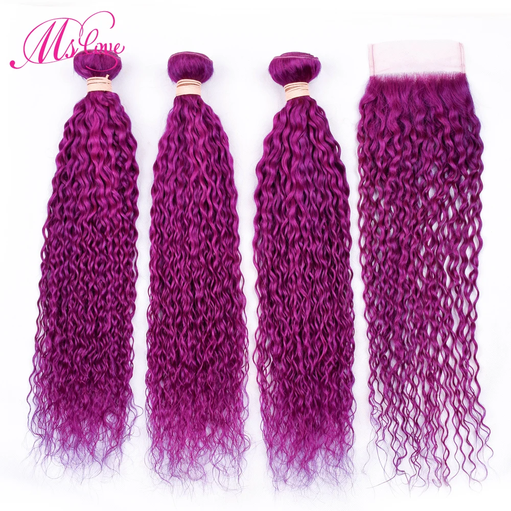 MS Love фиолетовые пучки с закрытием перуанские вьющиеся волосы волос Remy