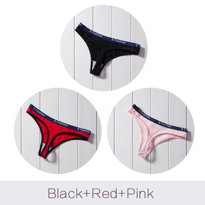 Black Red Pink Сексуальные хлопковые трусики-стринги, женское нижнее белье, низкая талия, Т-образный вырез, для женщин, мягкое женское нижнее белье, DULASI, 3 шт./лот, трусы - Цвет: Black Red Pink