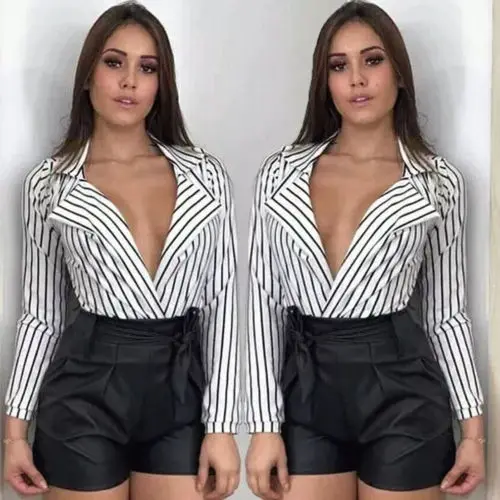 

2018 Newest Autumn Fashion Women's Sexy Deep Neck Striped Long Sleeve Loose Blouse Casual Ladies Shirt Summer Tops Clothes