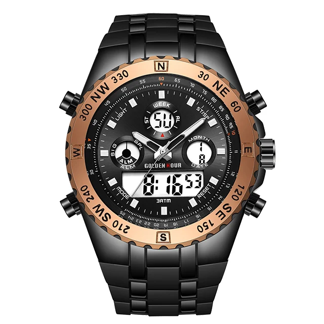 Black Rose Gold Новые модные мужские кварцевые часы с силиконовым ремешком для спорта на открытом воздухе мужские s наручные часы с двойным дисплеем водонепроницаемые GOLDENHOUR Relogio Masculino - Цвет: Black Rose Gold