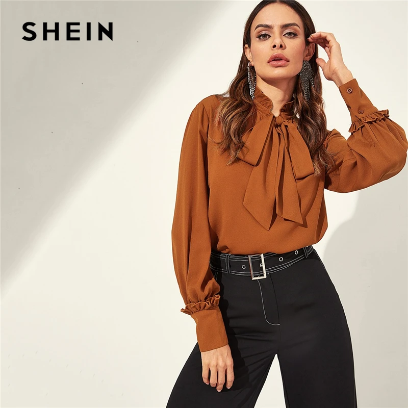 SHEIN Блузка С Завязкой И Складкой Женский Коричневый Осенний Классический Топ С Длинными Рукавами И Стоячим Воротником