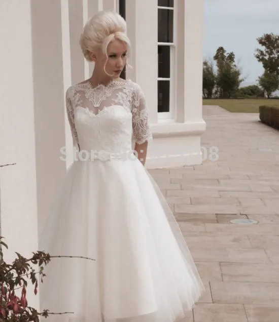 Винтажное Короткое свадебное платье бальное с глубоким круглым вырезом и