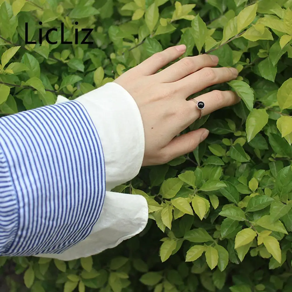 

LicLiz New 925 Sterling Silver Black Agate Open Rings for Women Vintage White Gold Jewelry Simple Adjustable Rings LR0728