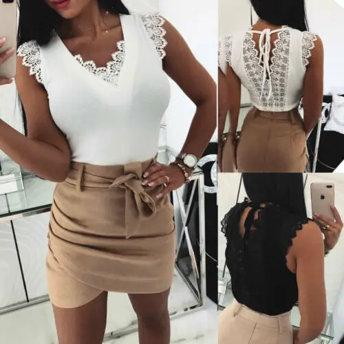 2019 Hot Sale Stylish Women's Summer Tank Tops Lace Sexy Vest Camisole Sleeveless V-Neck Casual Clothes White Black S-XL | Женская