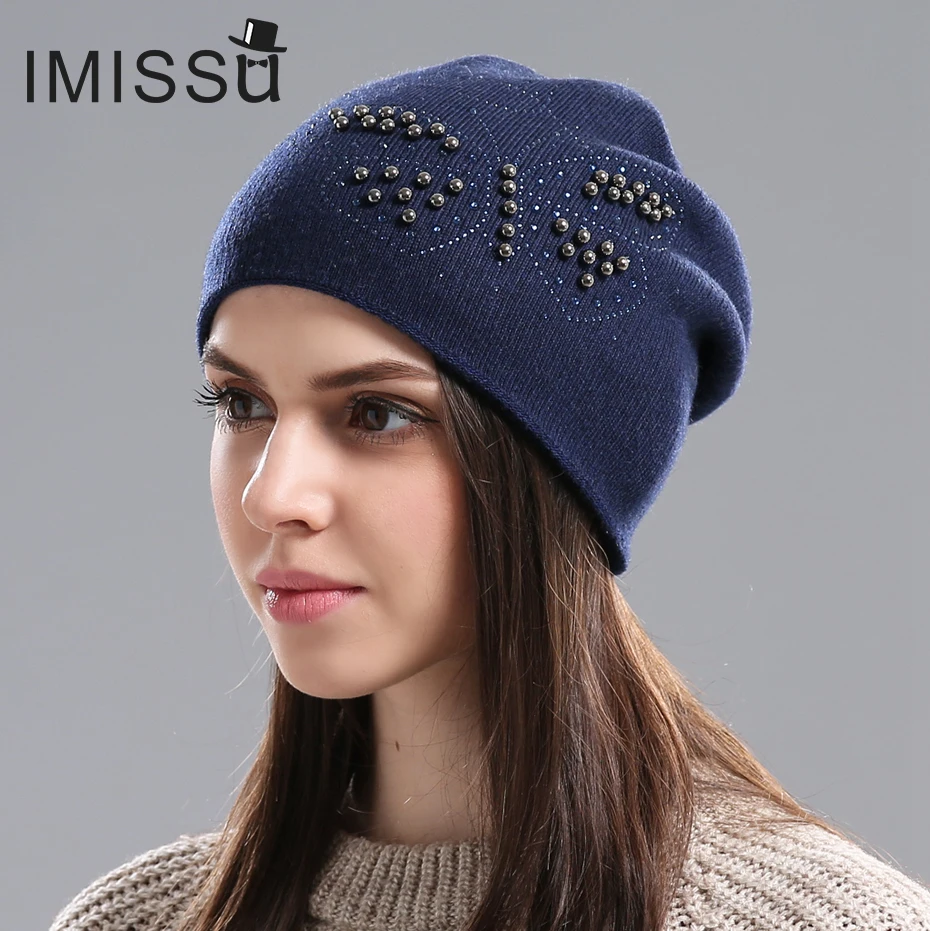 IMISSU женские Зимние Шапки Вязаные Шерстяные Skullies Повседневная Hat с Бисером Бабочка Сплошные Цвета Горнолыжные Gorros Крышка Casquette для женщины - Цвет: C08