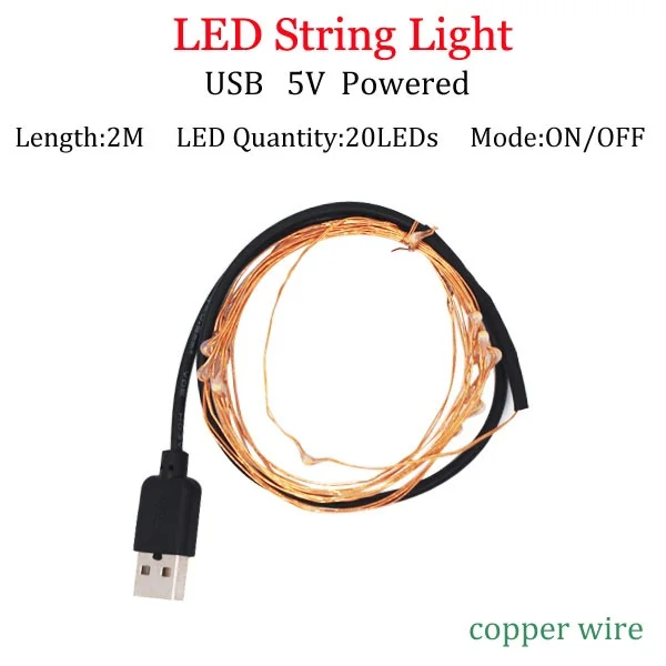 2m USB copperpowered Сказочный светодиодный светильник на батарейках 10 м, 5 м, 2 м, медный провод, гирлянда для свадьбы, Рождественская гирлянда, праздничные вечерние лампы для украшения дома - Испускаемый цвет: 2m USB copperpowered