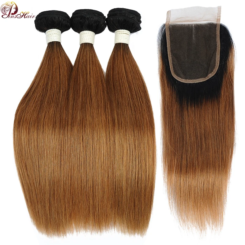 Pinshair Ombre блондин Бразильский прямые волосы Связки с закрытием T1B/30 100%