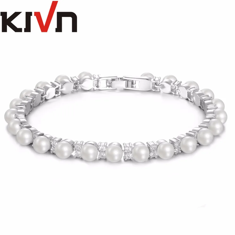 

KIVN Jewelry CZ Cubic Zirconia Women Girls Bridal Wedding Simulated Pearl bracelets Promotion Birthday Gifts 10pcs Lot Wholesale