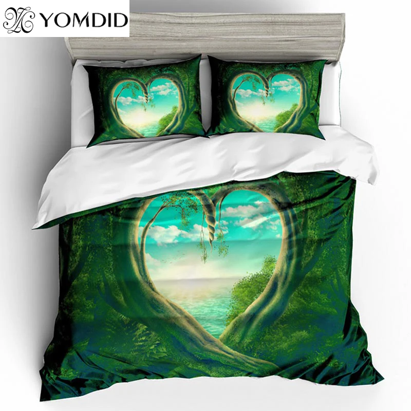 

Love Heart Pattern Bedding Sets Polyester Fabric Duvet Cover Set Green Tree Hole Printed Quilt Cover with Pillowcase Home Decor