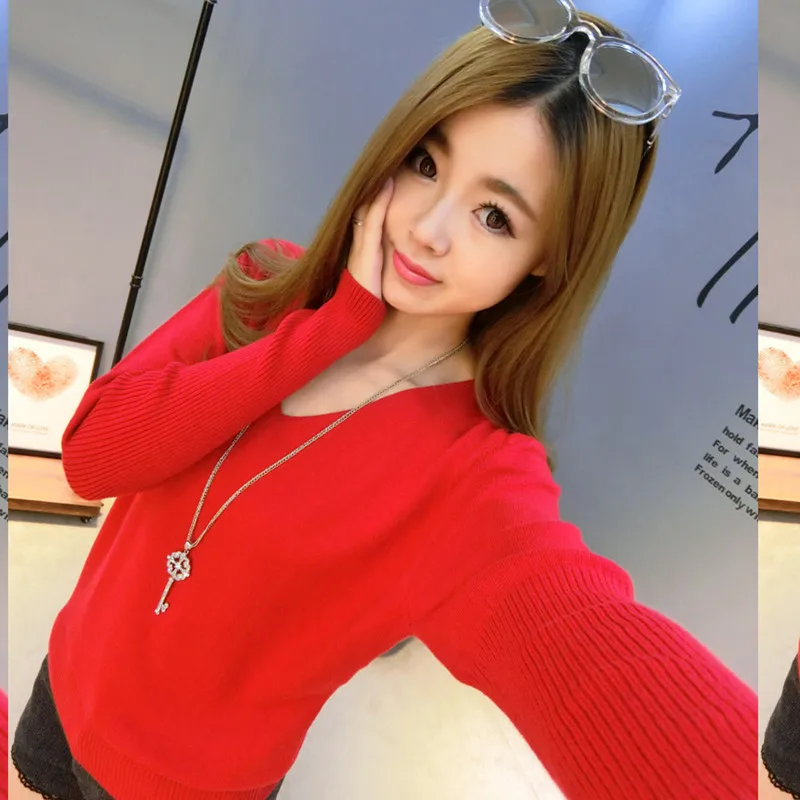 Cashmere sweater loose V collar bat sleeve pure color bottoming knitted big code fashionable | Женская одежда
