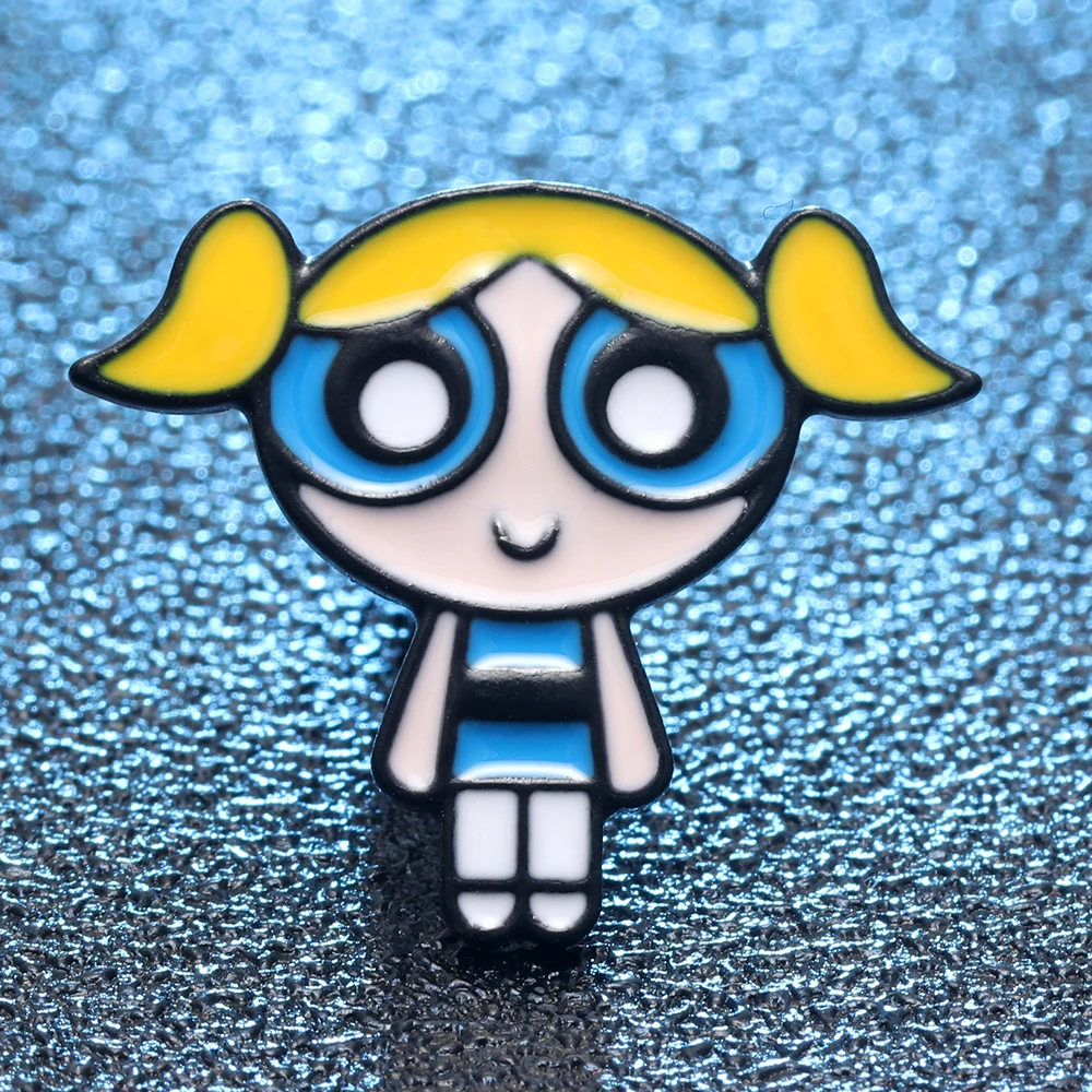 Металлическая эмалированная брошка Powerpuff для девочек с синими мультяшными
