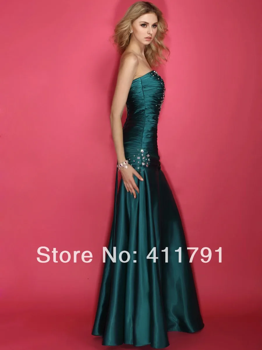 bridal Dresses Can Be Customized New Dark Green and ground long section Strapless Satin Beaded Sexy Evening Toast Dress | Свадьбы и