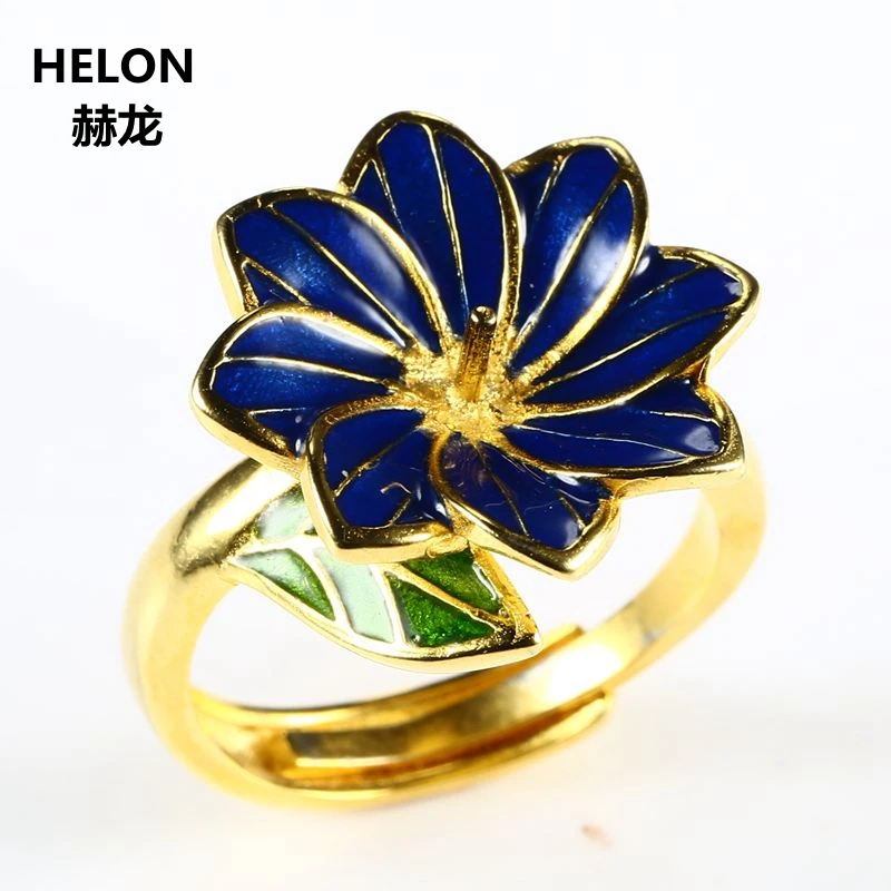 

Sterling Silver 925 Yellow Gold Color Women Flower Engagement Ring 5-8mm Pearl Bead Amber Agate Setting Cloisonne Enamel