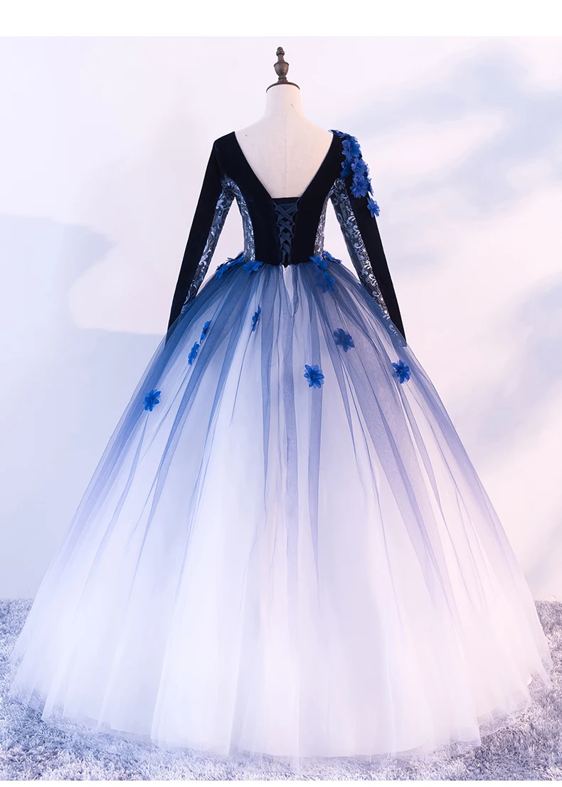 luxury stage perofrmance gown long sleeve ball V collar blue silk flowers medieval dress Renaissance queen cosplay | Тематическая