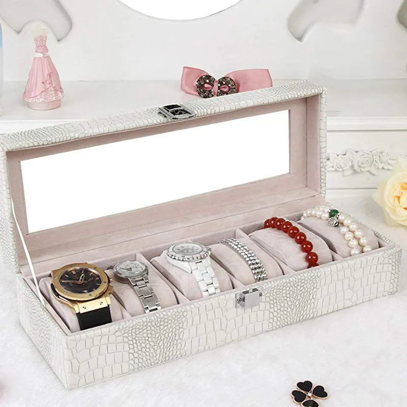 Watch Box Large 6 Men Women Crocodile Grain Leather Display Glass Top Jewelry Case