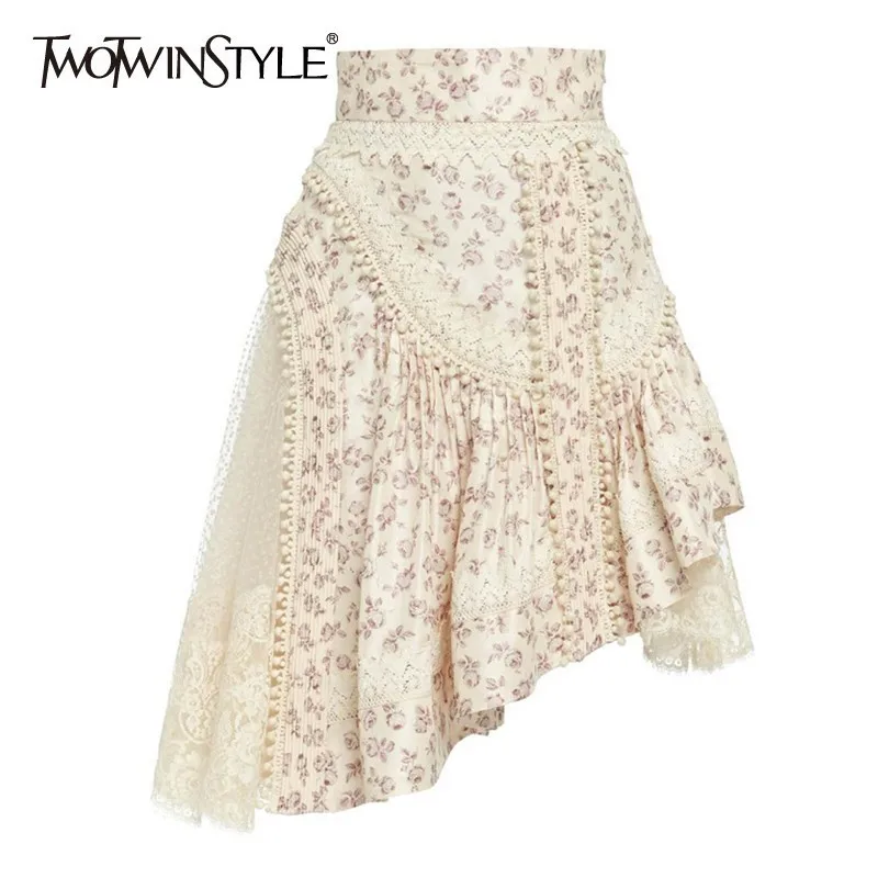 TWOTWINSTYLE кружевная Лоскутная юбка для женщин со стоячим воротником и длинным рукавом с принтом асимметричные юбки для женщин Мода