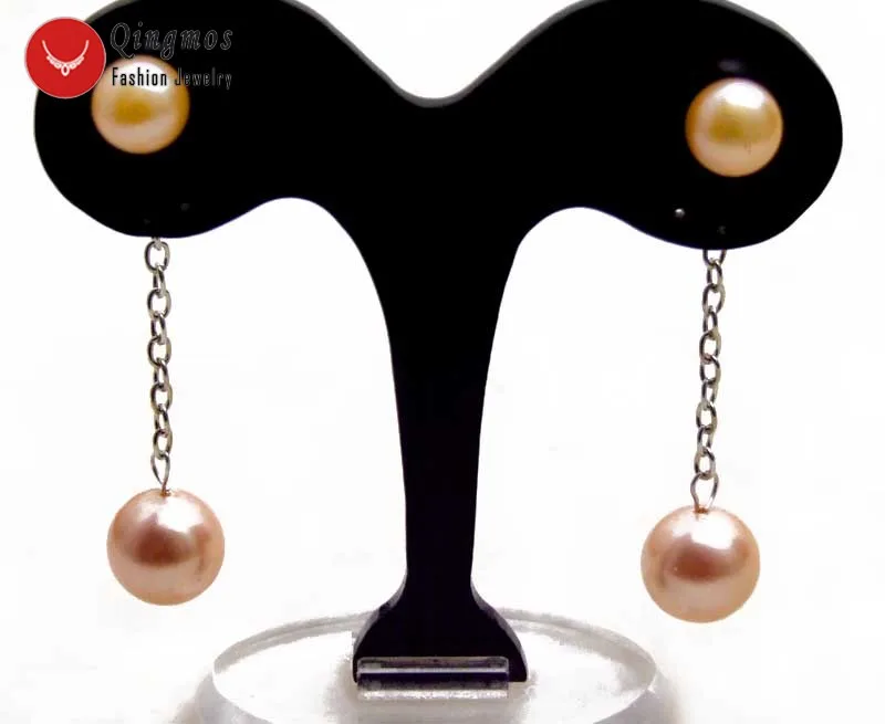 Qingmos Natural Pearl Earring for Women with Pink 7-8mm Flat Round &amp Dangle 12mm Sea Shell Earrings Jewelry Ear563 | Украшения и