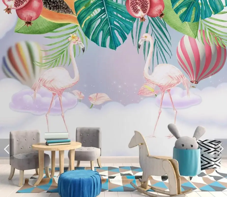 Hot Balloon Tropical Leaves Flamingo Wall Mural for Kids Bedroom Wallpaper Art Decals Contact Paper Wallpapers Rolls | Обустройство
