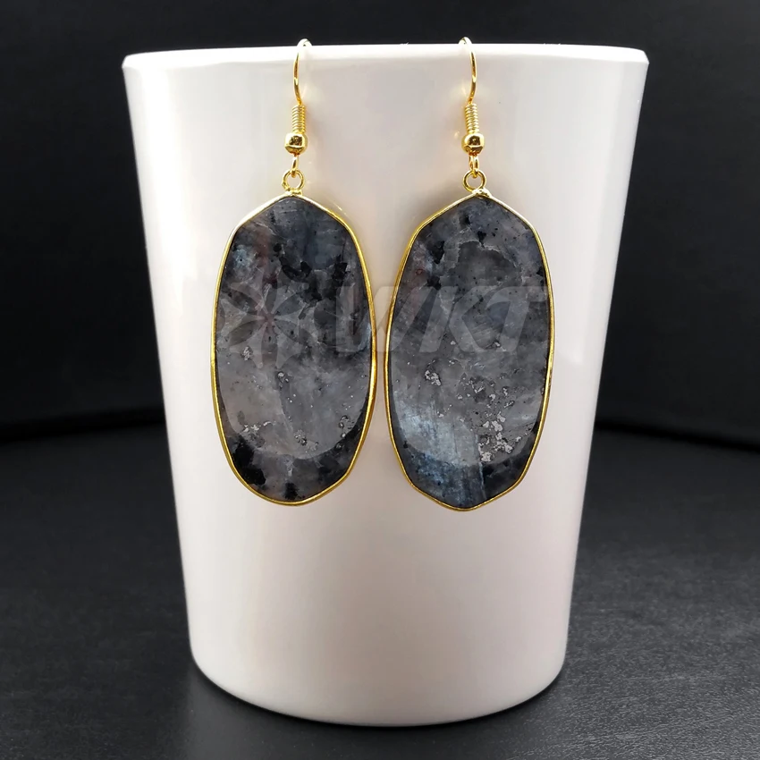 WT-E349 Wholesale natural black labradorite stone earrings with 24K gold trim fashion rhombus jewelry for women | Украшения и