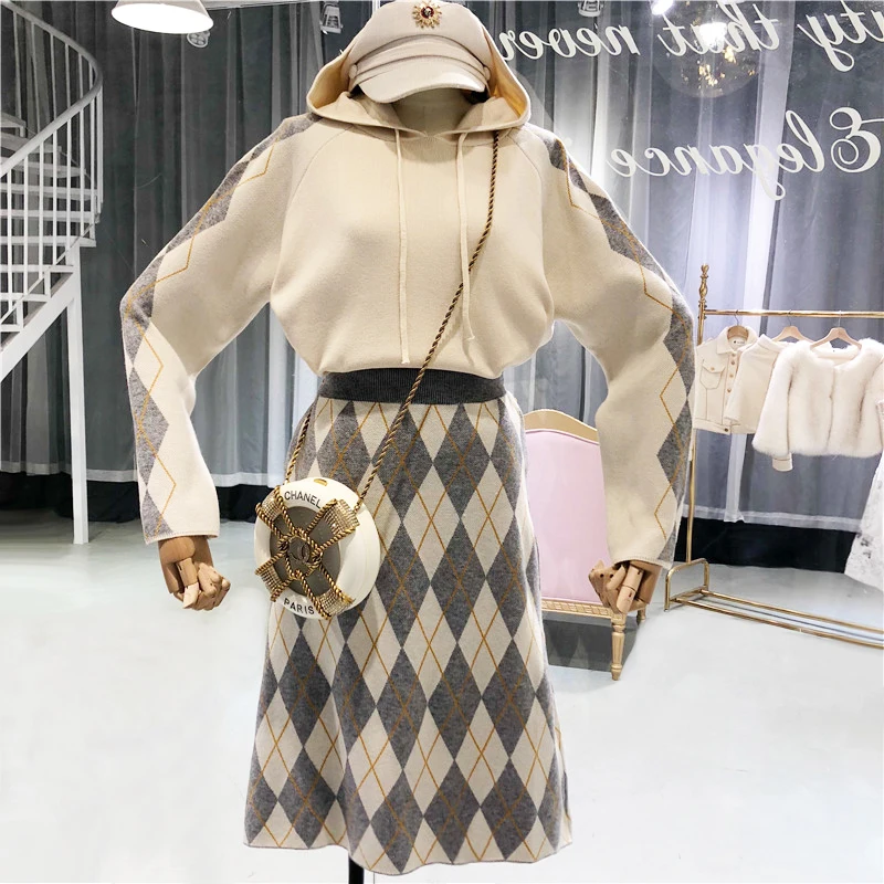 

Amolapha Women Plaid Knitted Hooded Sweaters+Skirts 2 Pieces Casual Clothing Sets Suit
