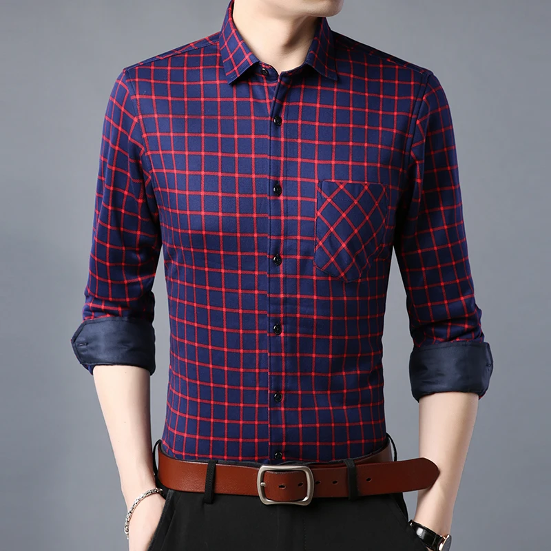 Fashion Men's Shirts Winter Thick Warm Check Male Social Men Business Casual Fleece Print Autumn Shirt Brand Clothing 4XL | Мужская