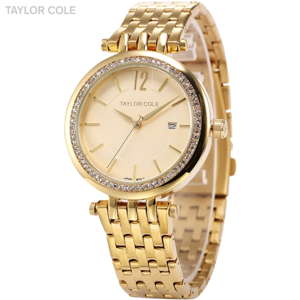 Золото тейлор коул марка дате весь стальной ленты горный хрусталь чехол Relogio