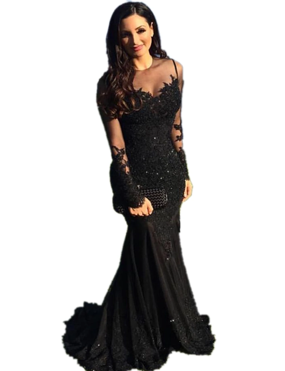 

Evening Dresses Sexy Arabic Jewel Neck Illusion Lace Appliques Crystal Beaded Black Mermaid Long Sleeves Formal Prom Party Dress