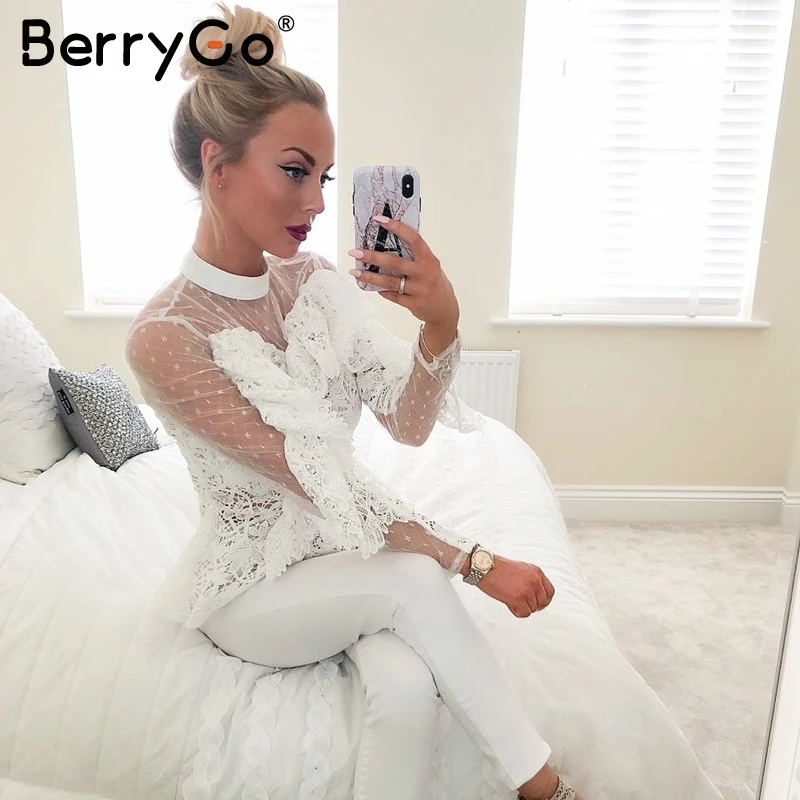 BerryGo белая женская блузка рубашка кружевная сетка вышивка Элегантный полый с