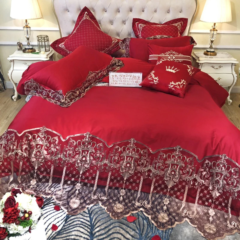 Luxury Lace 100S Egyptian cotton Red Wedding Bedding sets Queen King size Royal Duvet cover Bed sheet set Pillowcase 4/6pcs | Дом и сад