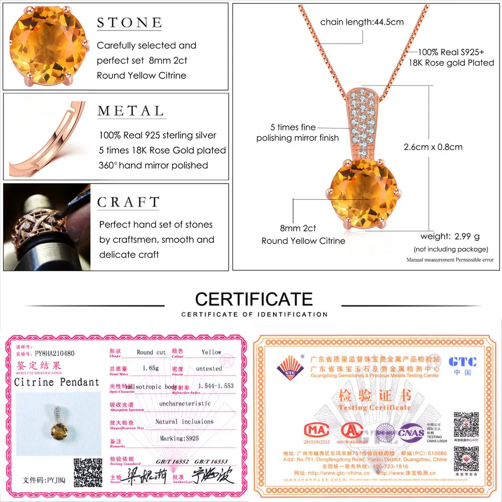 

LAMOON 925 Sterling Silver Necklaces & Pendants Women Fine Jewelry 2ct Natural Round Citrine Gemstone Wedding Party Colar NI041