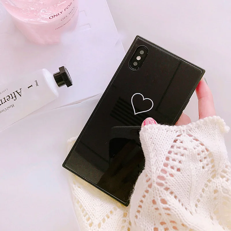 Tfshining Fashion Square Tempered Glass Cell Phone Case for iphone 11 Pro Max X XR XS 6s 7 8 Plus Hard Cute Love Heart Cover | Мобильные
