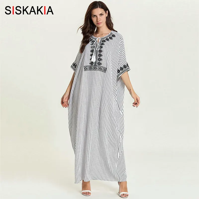 Gray dress Siskakia, длинное платье в полоску размера плюс, черное, белое, шикарное, Цветочная вышивка, Абая, платье, рукав летучая мышь, халаты для женщин, арабский - Цвет: Gray dress
