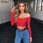 Женский эластичный Топ Nibber, элегантный укороченный топ с открытыми плечами, черная, красная, облегающая футболка, модная вечерняя Повседневная футболка, осень 2019