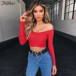 Женский эластичный Топ Nibber, элегантный укороченный топ с открытыми плечами, черная, красная, облегающая футболка, модная вечерняя Повседневная футболка, осень 2019