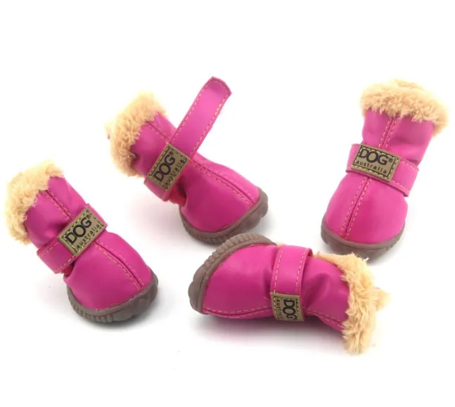 Rose Red Boots Dog Обувь для собак из искусственной кожи; зимние теплые ботинки для щенков и собак; зимние ботинки из толстого флиса; нескользящая водонепроницаемая обувь; Размеры S 2XL; обувь для маленьких питомцев - Цвет: Rose Red Boots Dog