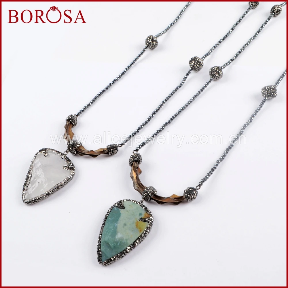 BOROSA 3PCS Rhinestone Pave Arrowhead Jaspers Pendant Necklace Drusy Long Black Beads 36'' for Women Wholesale JAB910 | Украшения и