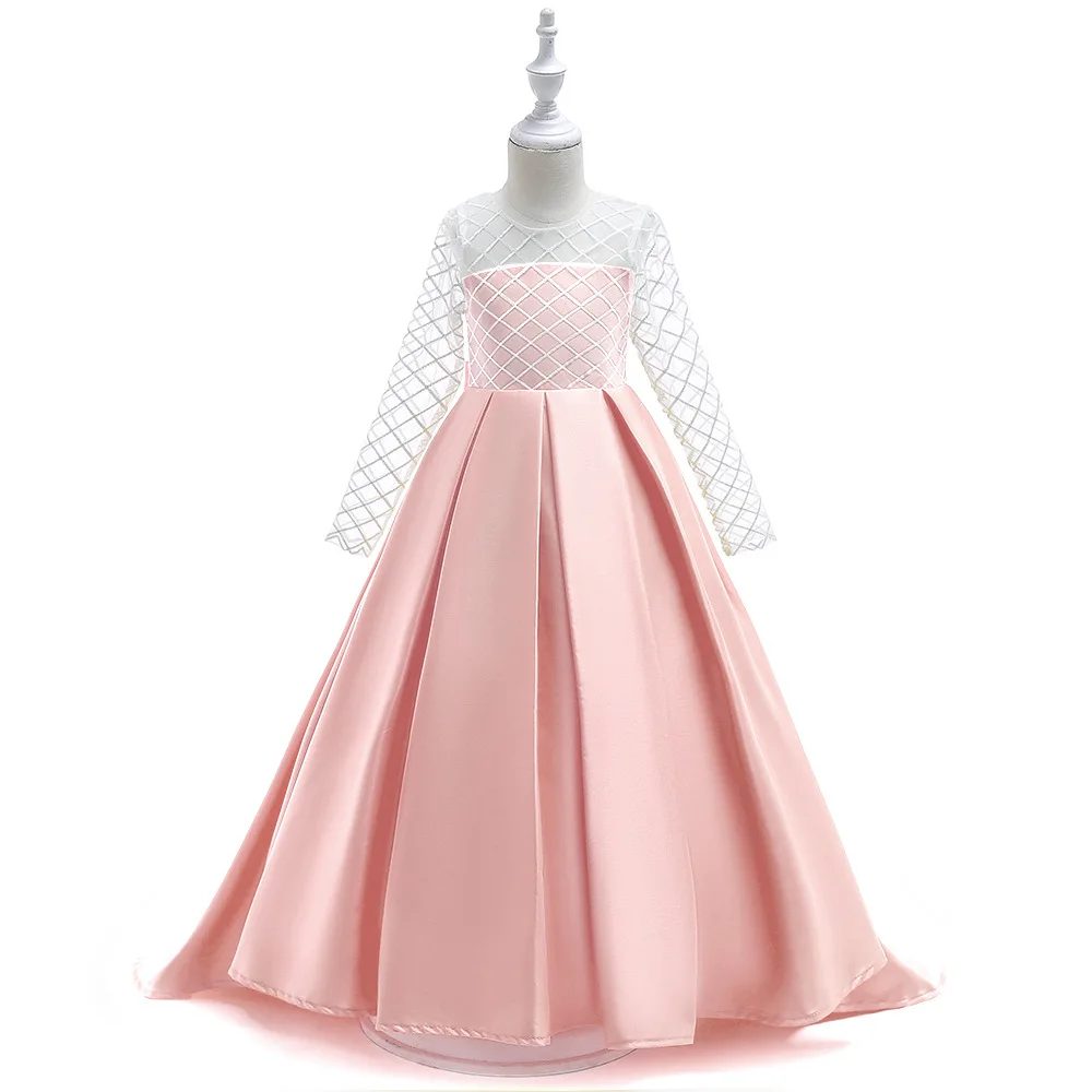 

Long Sleeves O-Neck Crystal Sashes Satin Bow Kids Princess Flower Girls Dress Party Communion Dress