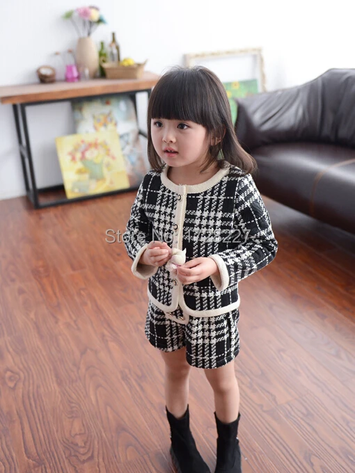 Free shipping 2015 spring new girls small fragrant wind round neck long-sleeved suit children's two-piece and shorts | Детская