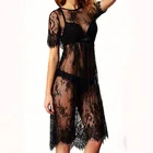 Кружевное платье, повседневное длинное черное платье с коротким рукавом и круглым вырезом, прозрачная пляжная одежда, сексуальное женское платье, одежда, свободное пляжное платье