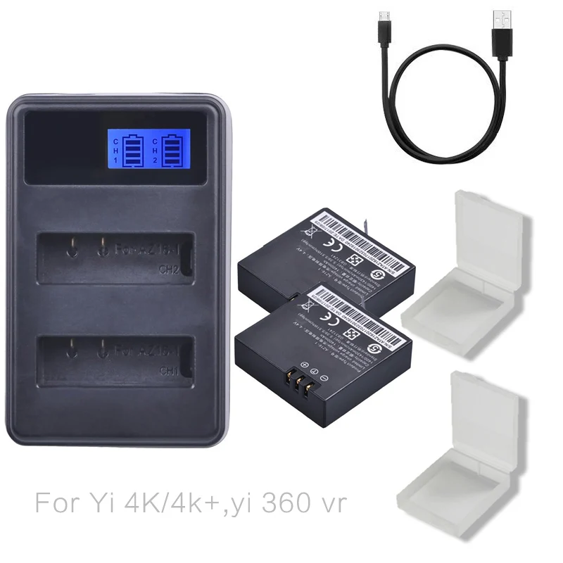 2Batteries x Charger TUYU ЖК-дисплей двойное зарядное устройство для Xiaomi Yi 4K и Yi Lite Yi 360 VR экшн-камеры батарея с зарядным устройством 3 шт. AZ16-1 батарея - Цвет: 2Batteries x Charger