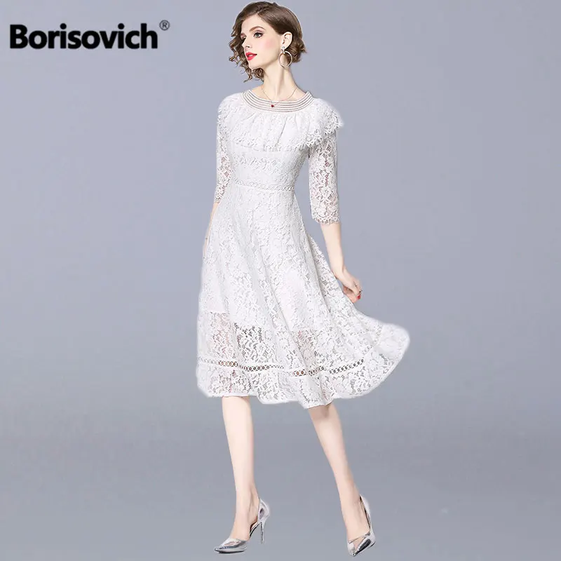 Женское длинное кружевное платье Borisovich белое Повседневное трапециевидной формы