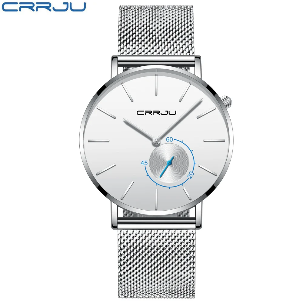 silver white Новые модные простые мужские часы CRRJU уникальный дизайн черные повседневные кварцевые часы мужские роскошные деловые наручные часы Zegarek Meskie - Цвет: silver white