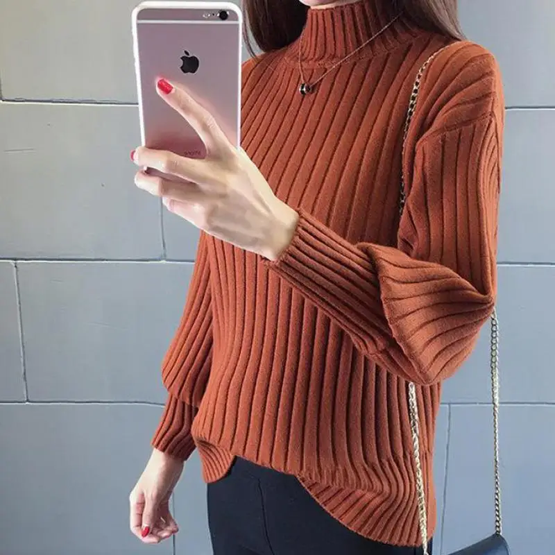 2020 Winter Sweater Women Fashion Simple Lantern Sleeves High Collar Solid Color Knitting Bottom Comfort Joker Pullovers USWMIE | Женская