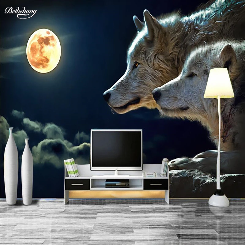 Обои для настенного декора 3D ночью яркие круглые луна волки атака комната