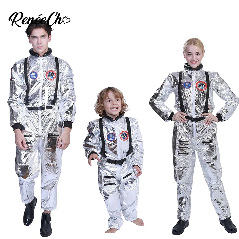 

Halloween costume For Adult Astronaut Costume Men Cosplay Boys Outer Space Kid Costume Sliver Jumpsuit Family Cosplay Carnival
