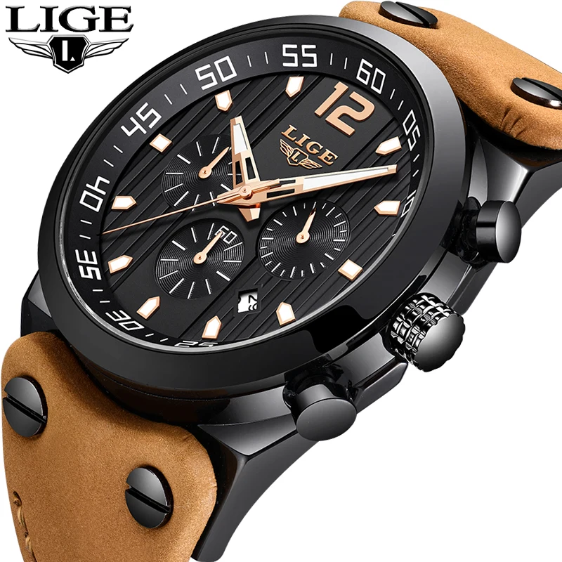 

LIGE Men Watches Male Waterproof Military Watch Men Top Brand Luxury Chronograph Leather Sport Quartz WristWatch relojes hombre