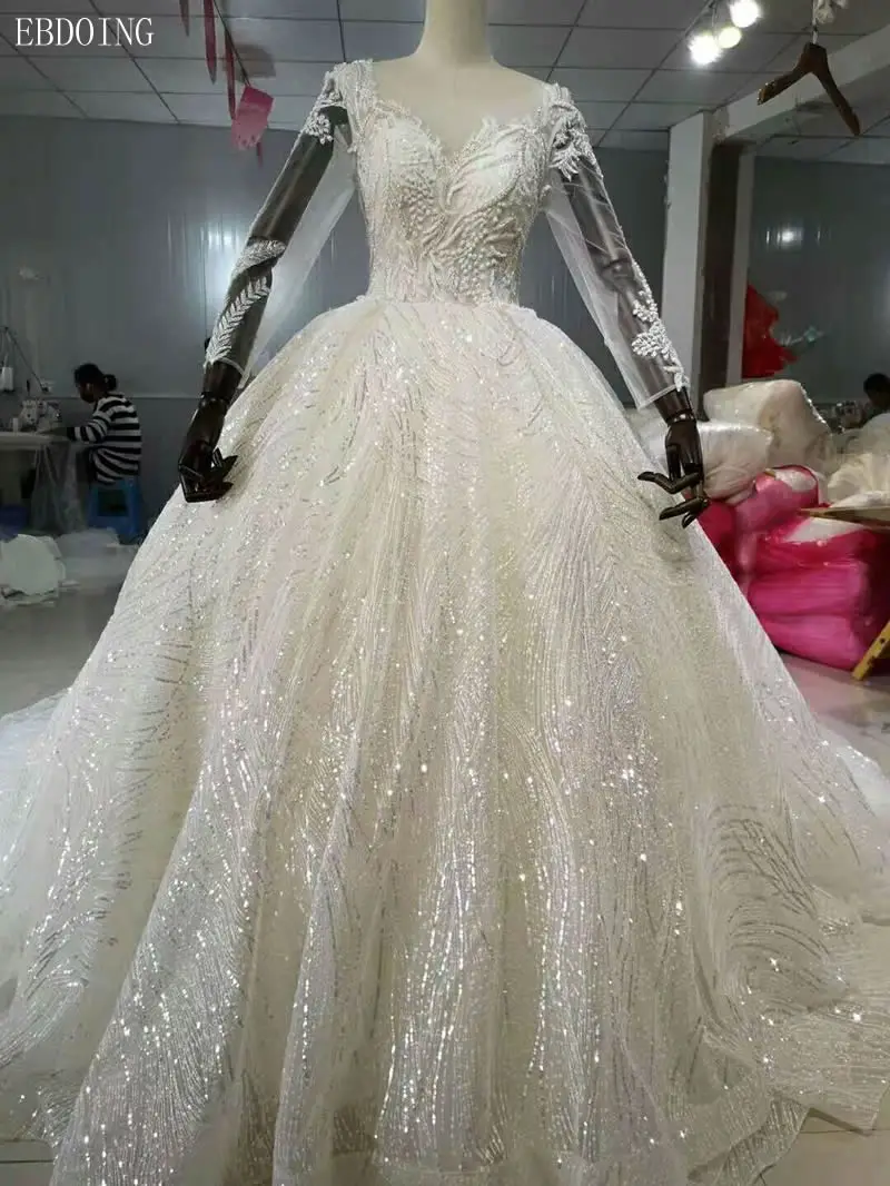 Vestidos De Novia бальное платье свадебное платье со шлейфом вырез длинный рукав Часовня Поезд Кружева невесты платье плюс размер с кружевом бисера