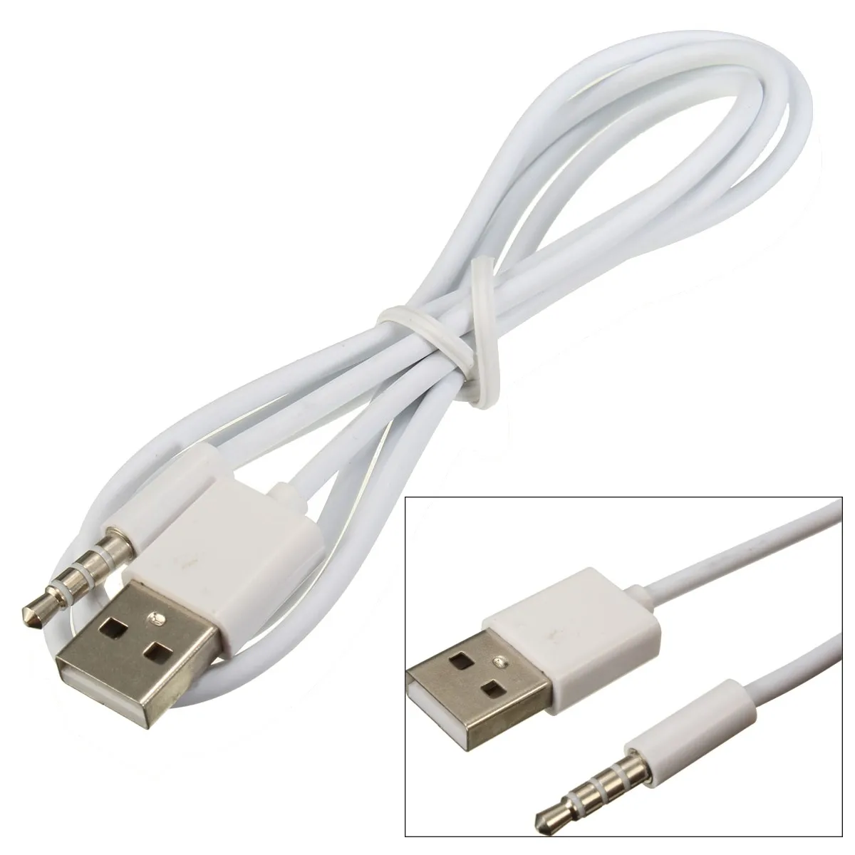 

White USB 2.0 Male to 3.5mm Headphone Audio AUX Male Plug Car Cable Jack Charger Cable Wire Cord